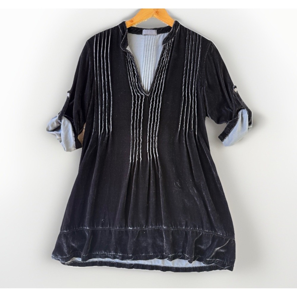 CP Shades Velvet Pintuck Tunic Women XS Navy Silk Rayon Boho Artsy Quiet Luxury‎